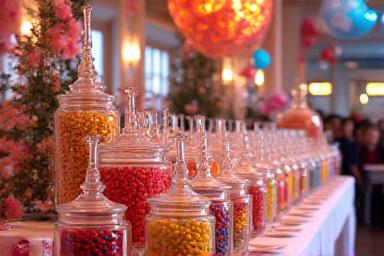 Elaborate candy buffet setup for a party